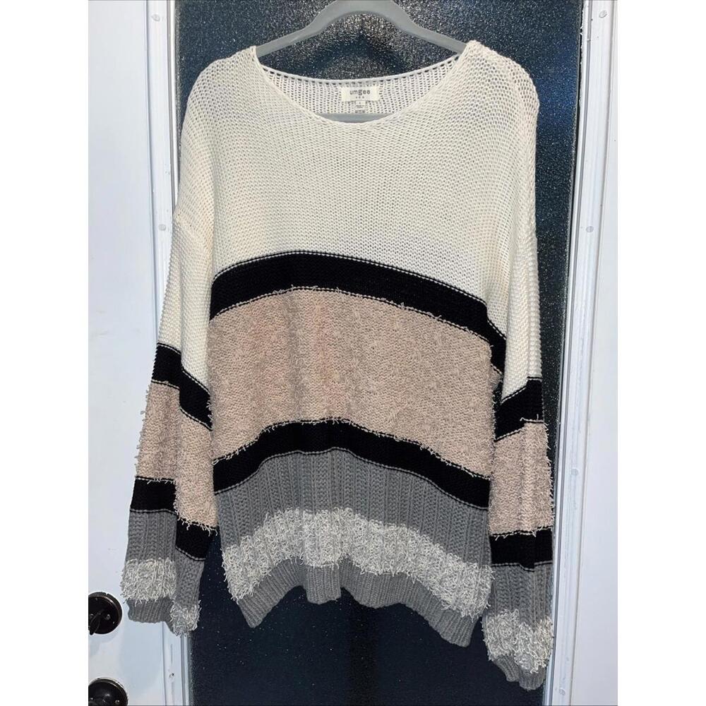 Umgee Pullover Sweater Womens Large Neutral Color Block Mixed Media Slouchy Cozy